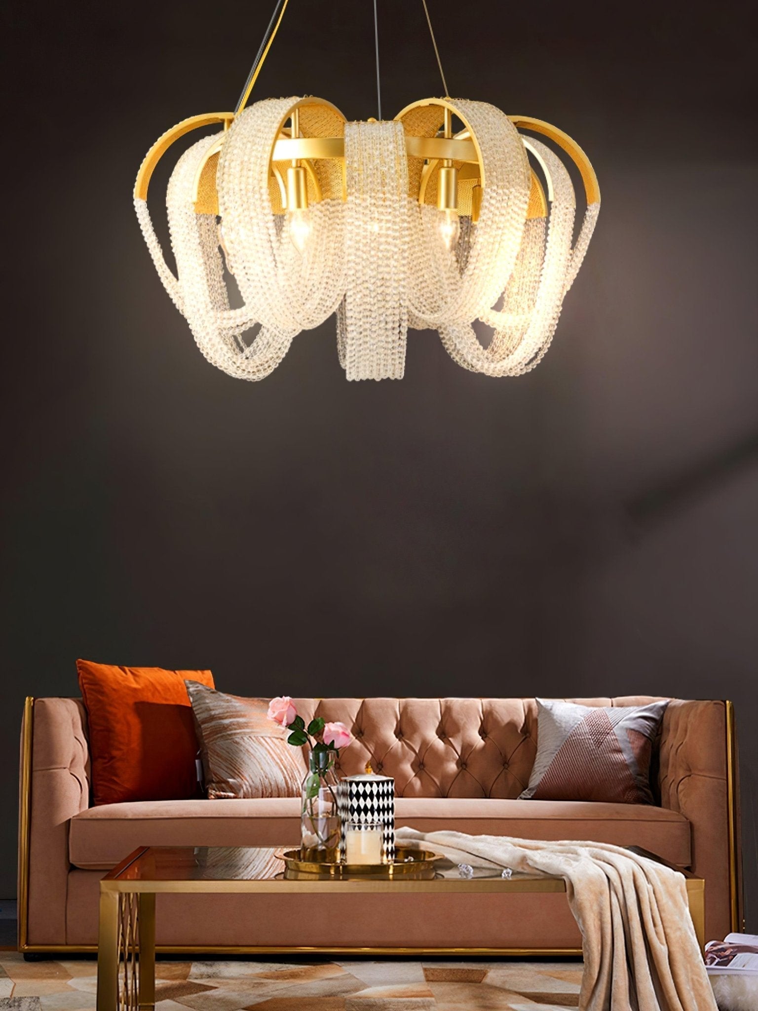 Lustra Chandelier Mesh Crystal Gold Waterfall Sparkle - Letslighting