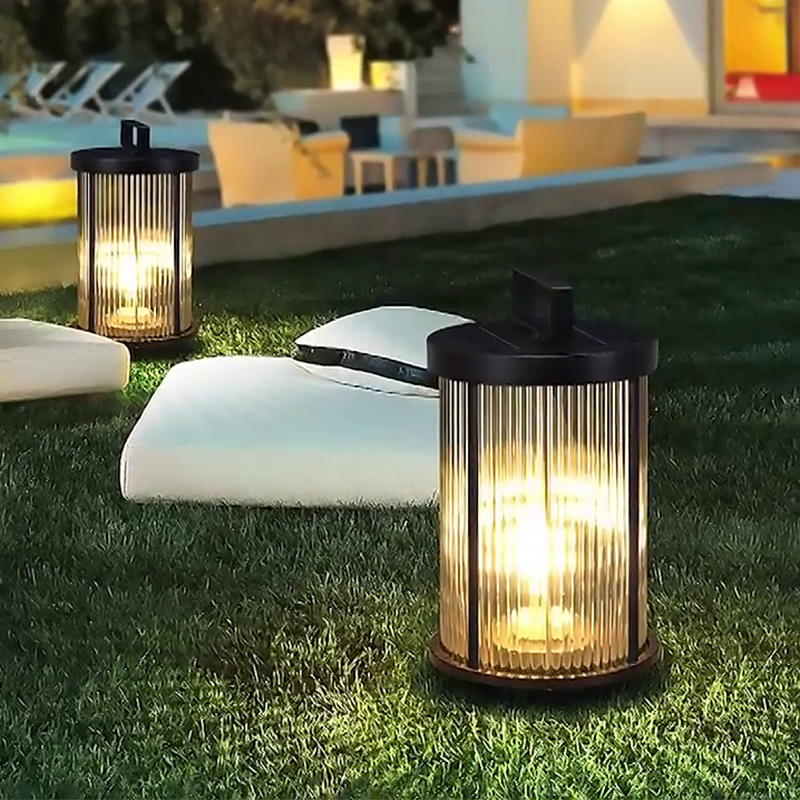Striped Glass Cylindrical Waterproof Portable Solar Outdoor Lanterns - Lamp Outdoor