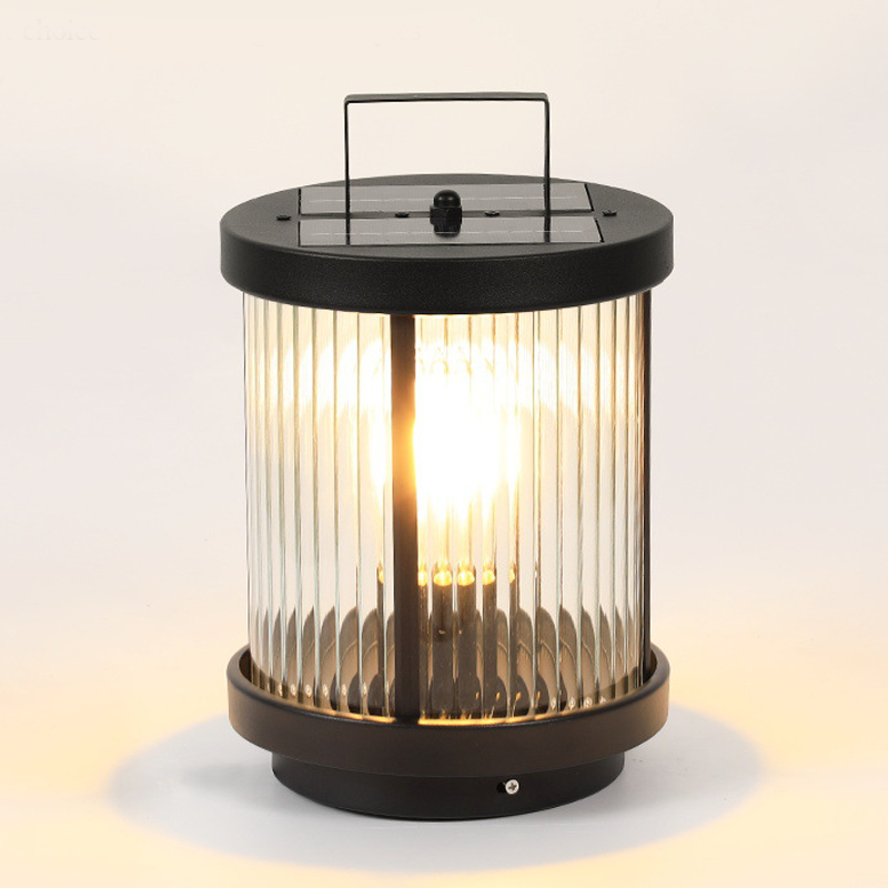 Striped Glass Cylindrical Waterproof Portable Solar Outdoor Lanterns - Lamp Outdoor