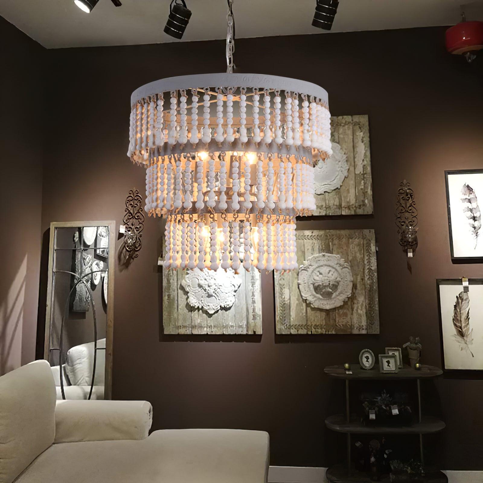 Three Tiered Wood Beaded Chandelier - Lamp Outdoor