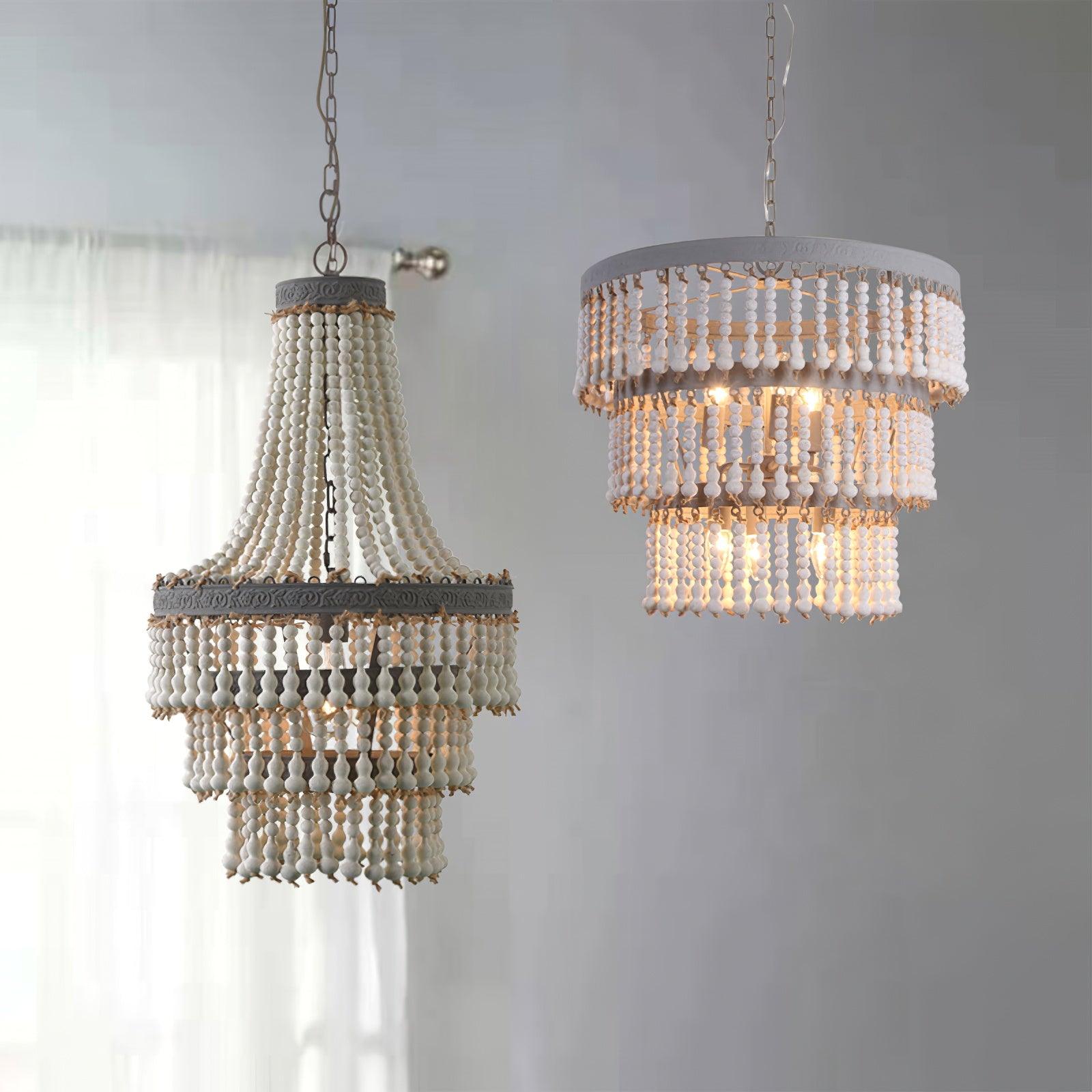 Three Tiered Wood Beaded Chandelier - Lamp Outdoor