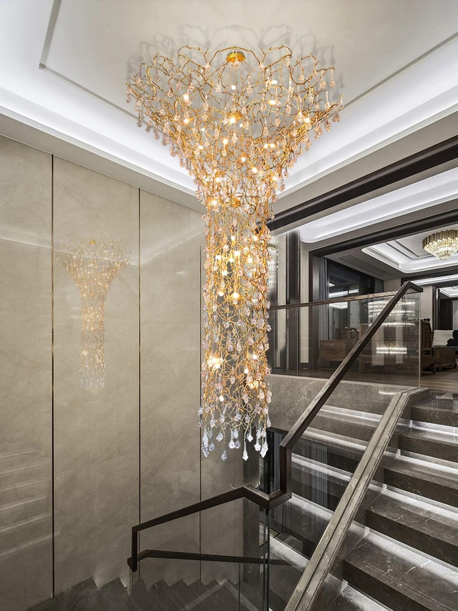 Abeleisa Tree Branch Staircase Brass Crystal Chandelier - Lamp Outdoor