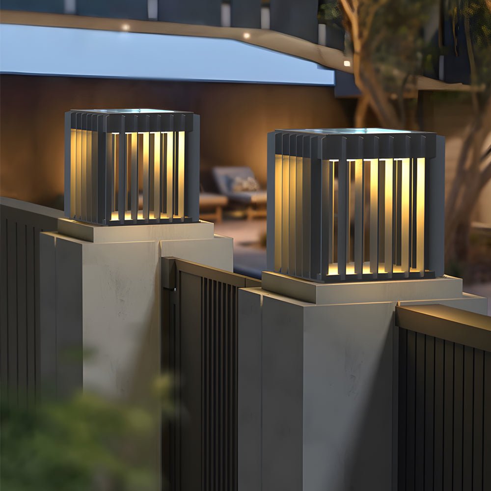 Black Square Pier-Mount Outdoor Post Light Garden Wired Solar Pillar Light - Lamp Outdoor