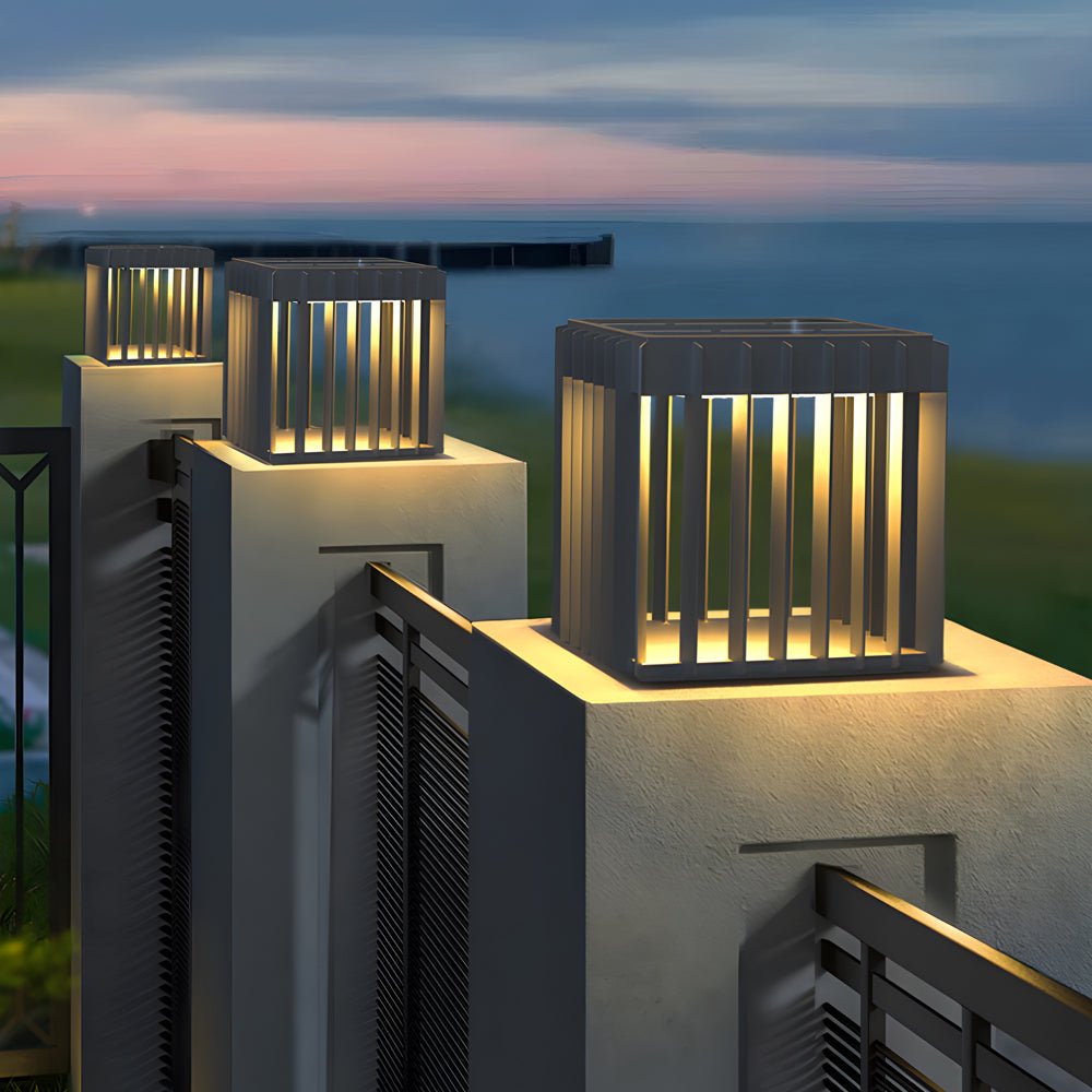 Black Square Pier-Mount Outdoor Post Light Garden Wired Solar Pillar Light - Lamp Outdoor