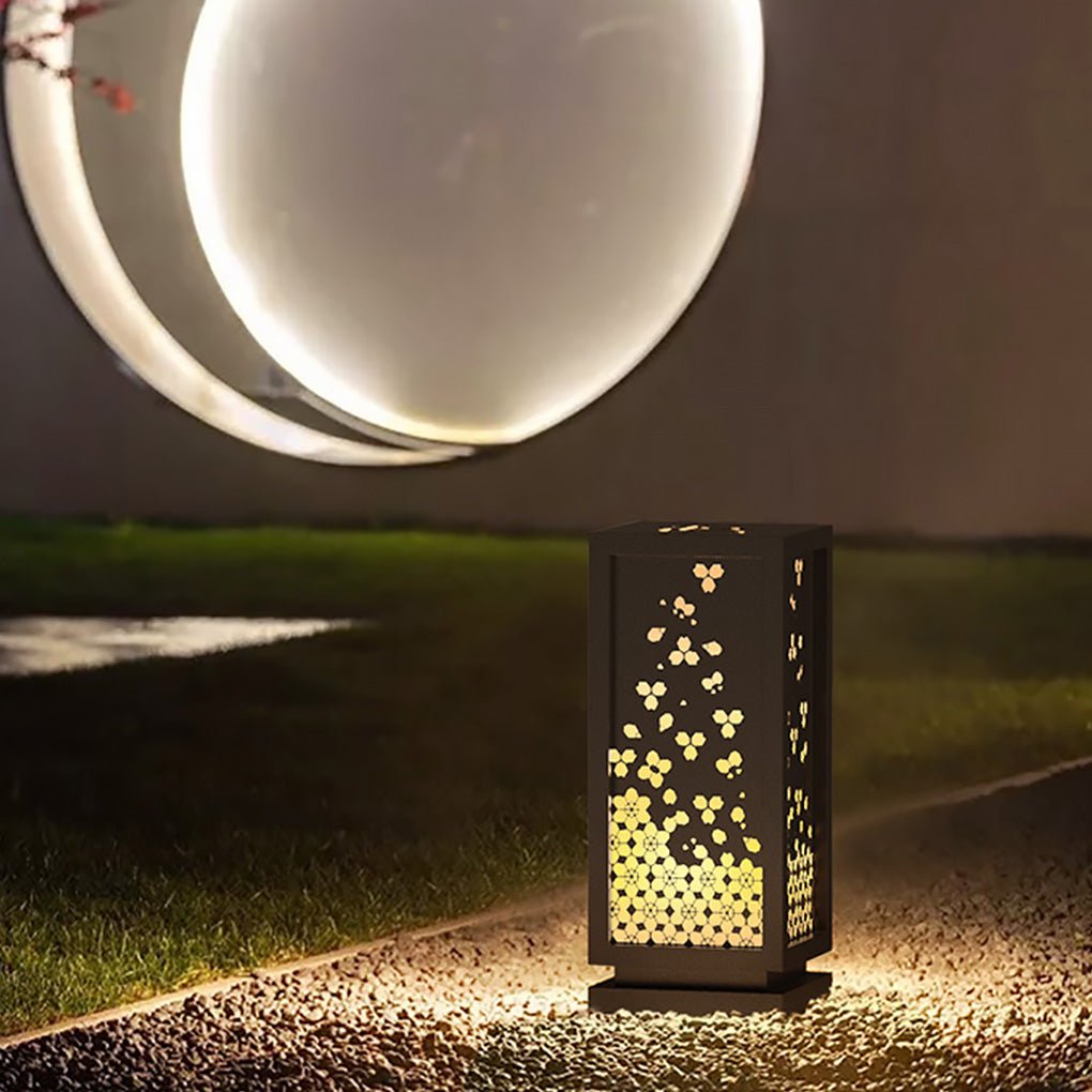 Rectangular Resin and Steel Garden Light with Carved Floral Lampshade - Lamp Outdoor