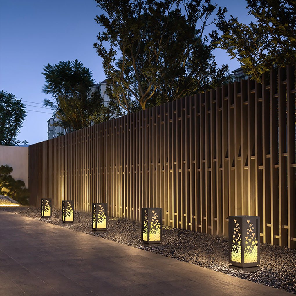 Rectangular Resin and Steel Garden Light with Carved Floral Lampshade - Lamp Outdoor