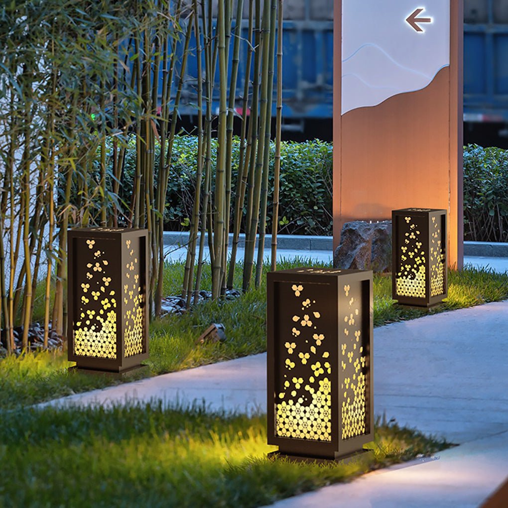 Rectangular Resin and Steel Garden Light with Carved Floral Lampshade - Lamp Outdoor