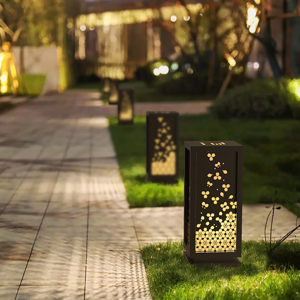 Rectangular Resin and Steel Garden Light with Carved Floral Lampshade - Lamp Outdoor