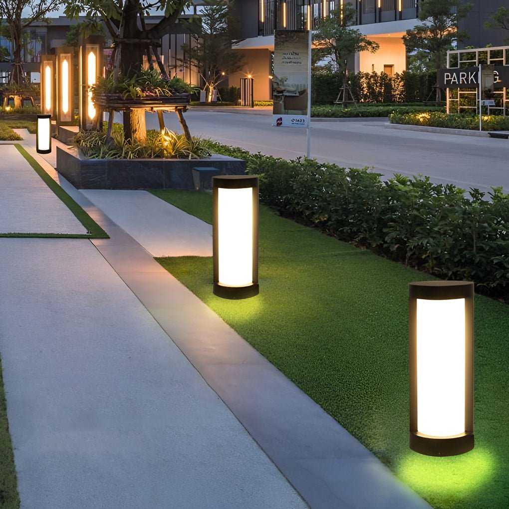 Black Cylindrical LED Pathway Bollard Lights Solar and Wired Outdoor Lighting Solutions - Lamp Outdoor