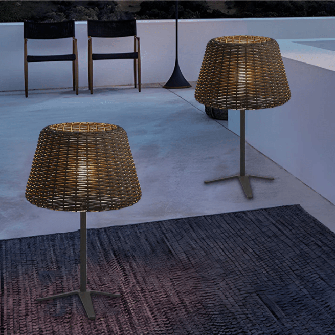 Elegant Rattan Shade LED Outdoor Floor Lamp Pendant Light with Stake and Open-Top Design - Lamp Outdoor