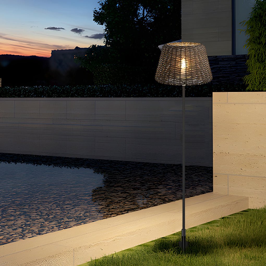 Elegant Rattan Shade LED Outdoor Floor Lamp Pendant Light with Stake and Open-Top Design - Lamp Outdoor