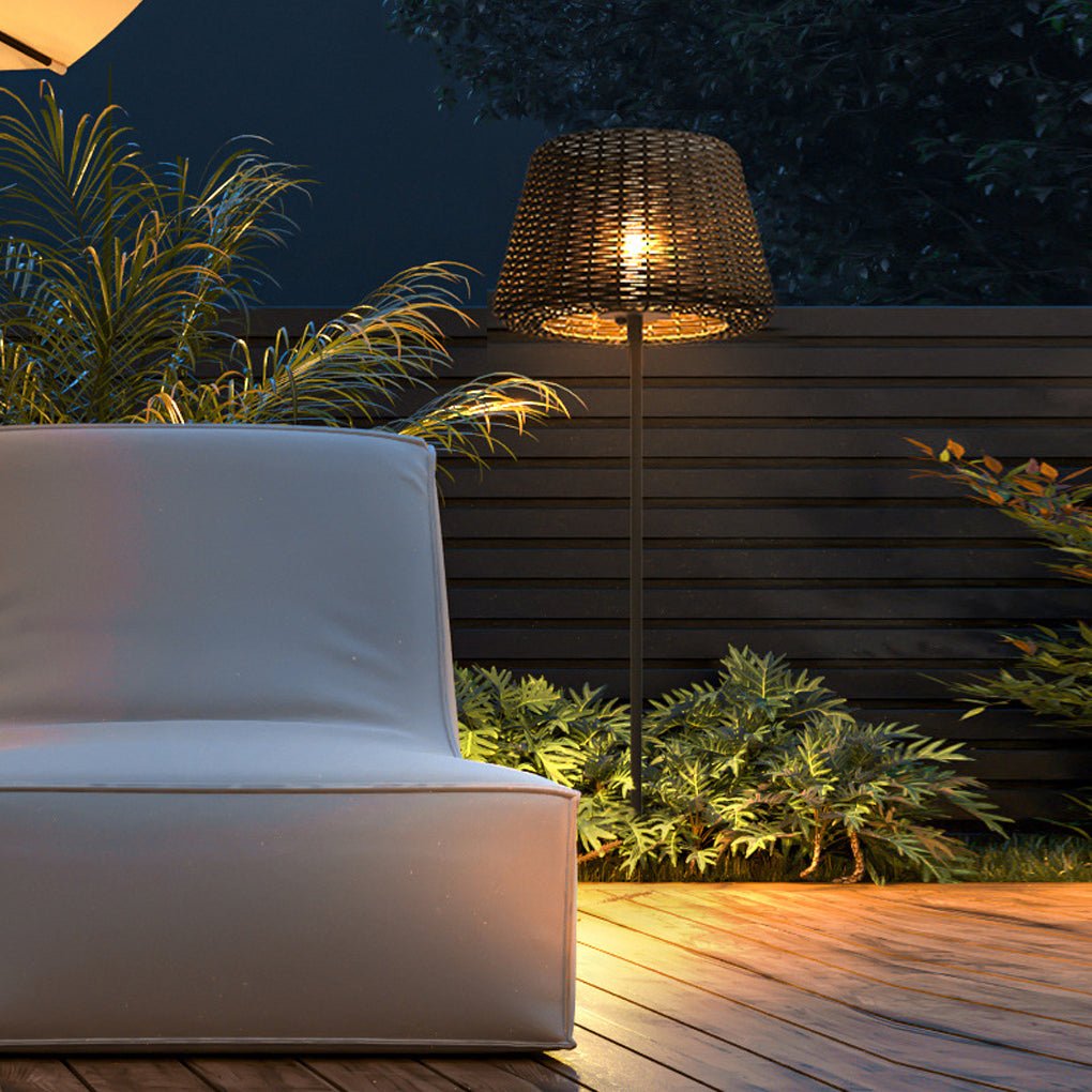 Elegant Rattan Shade LED Outdoor Floor Lamp Pendant Light with Stake and Open-Top Design - Lamp Outdoor