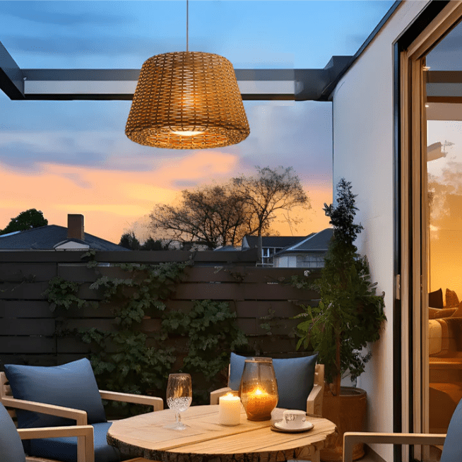Elegant Rattan Shade LED Outdoor Floor Lamp Pendant Light with Stake and Open-Top Design - Lamp Outdoor