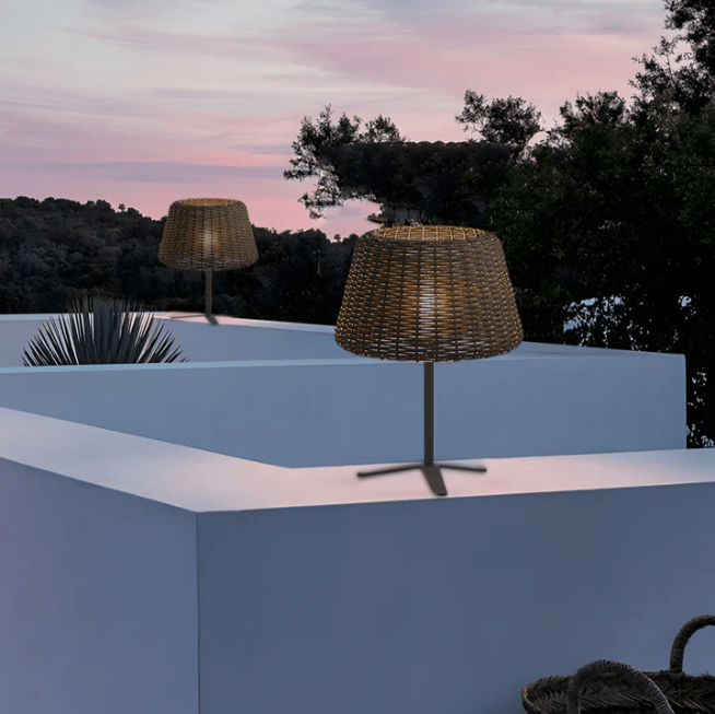 Elegant Rattan Shade LED Outdoor Floor Lamp Pendant Light with Stake and Open-Top Design - Lamp Outdoor