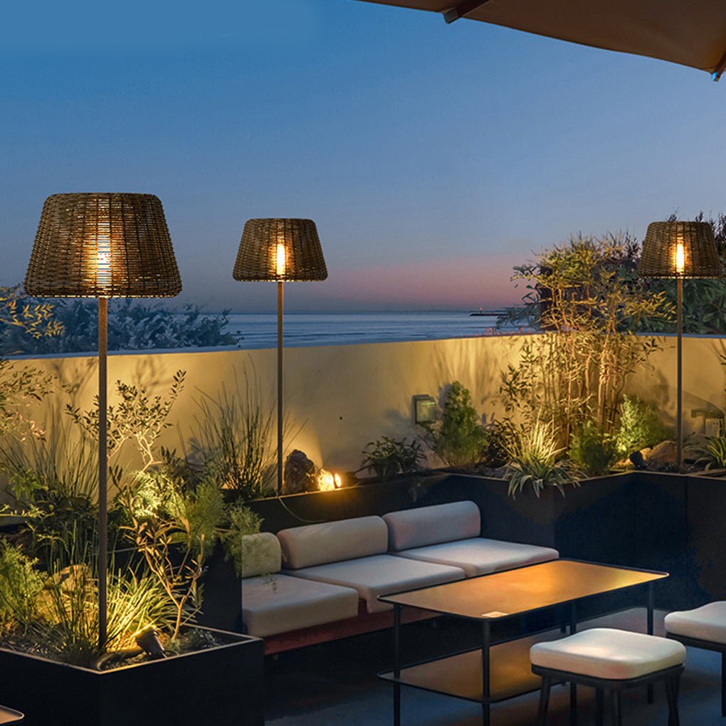 Elegant Rattan Shade LED Outdoor Floor Lamp Pendant Light with Stake and Open-Top Design - Lamp Outdoor
