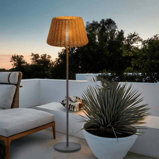 Elegant Rattan Shade LED Outdoor Floor Lamp Pendant Light with Stake and Open-Top Design - Lamp Outdoor