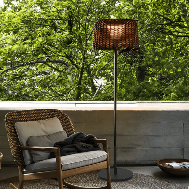 Elegant Rattan Shade LED Outdoor Floor Lamp Pendant Light with Stake and Open-Top Design - Lamp Outdoor