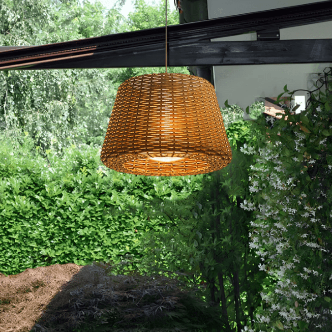 Elegant Rattan Shade LED Outdoor Floor Lamp Pendant Light with Stake and Open-Top Design - Lamp Outdoor