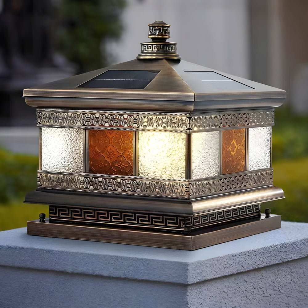 European Square Hardwired/Solar Copper Outdoor Column Light with Glass Shade - Bronze - Lamp Outdoor