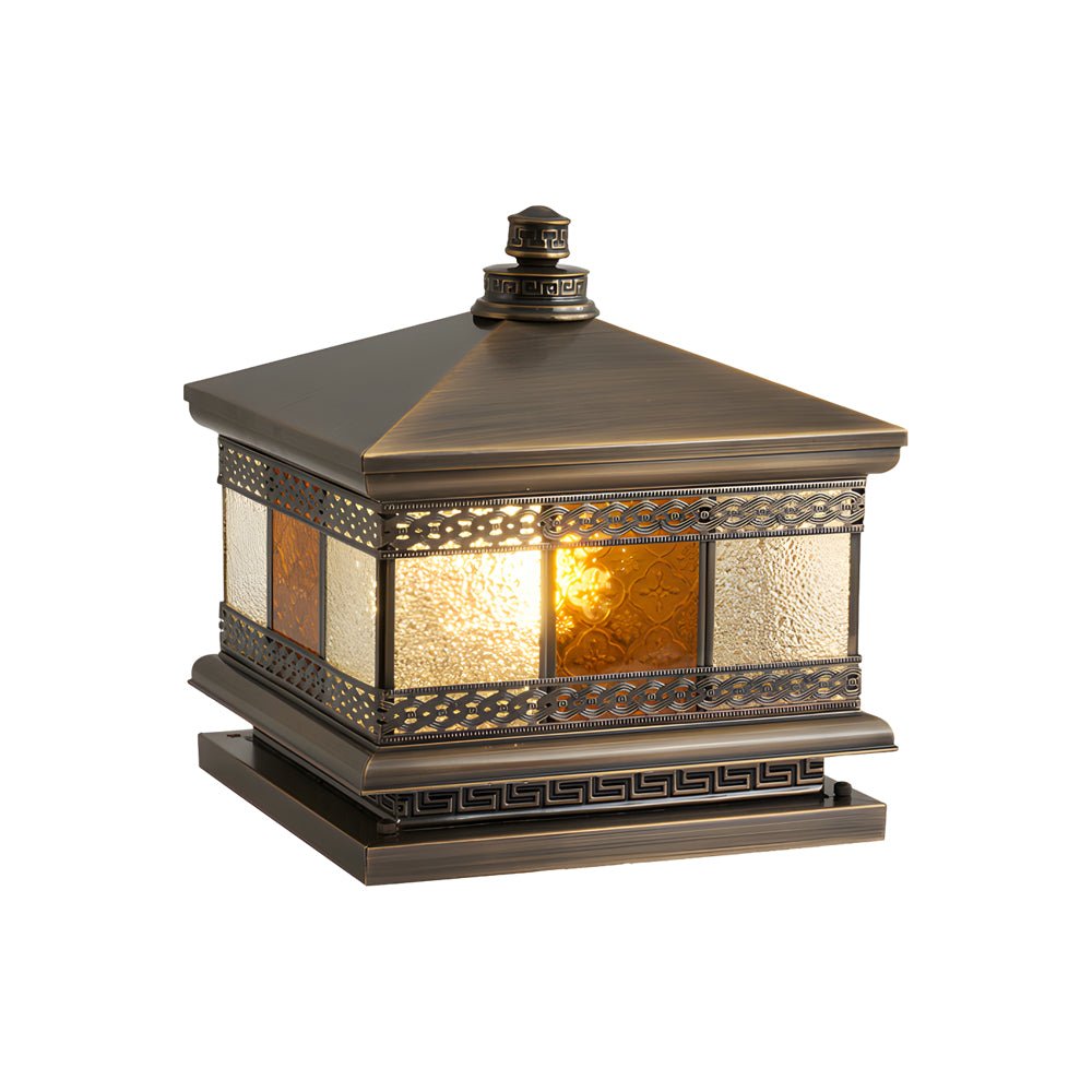 European Square Hardwired/Solar Copper Outdoor Column Light with Glass Shade - Bronze - Lamp Outdoor