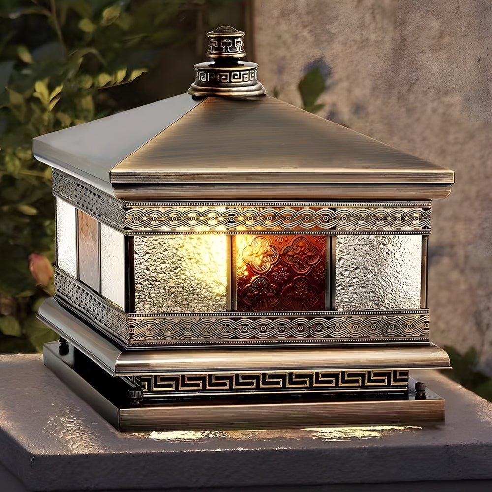 European Square Hardwired/Solar Copper Outdoor Column Light with Glass Shade - Bronze - Lamp Outdoor