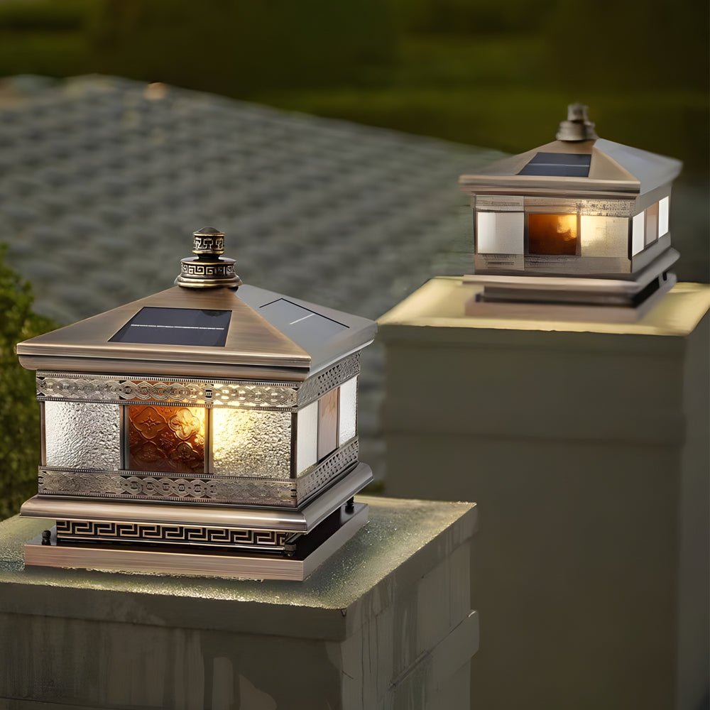 European Square Hardwired/Solar Copper Outdoor Column Light with Glass Shade - Bronze - Lamp Outdoor