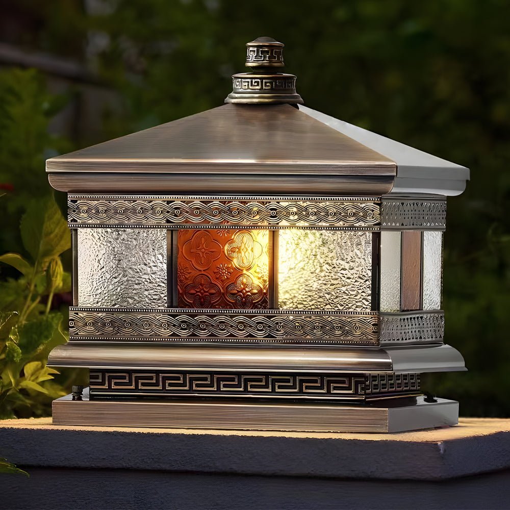 European Square Hardwired/Solar Copper Outdoor Column Light with Glass Shade - Bronze - Lamp Outdoor