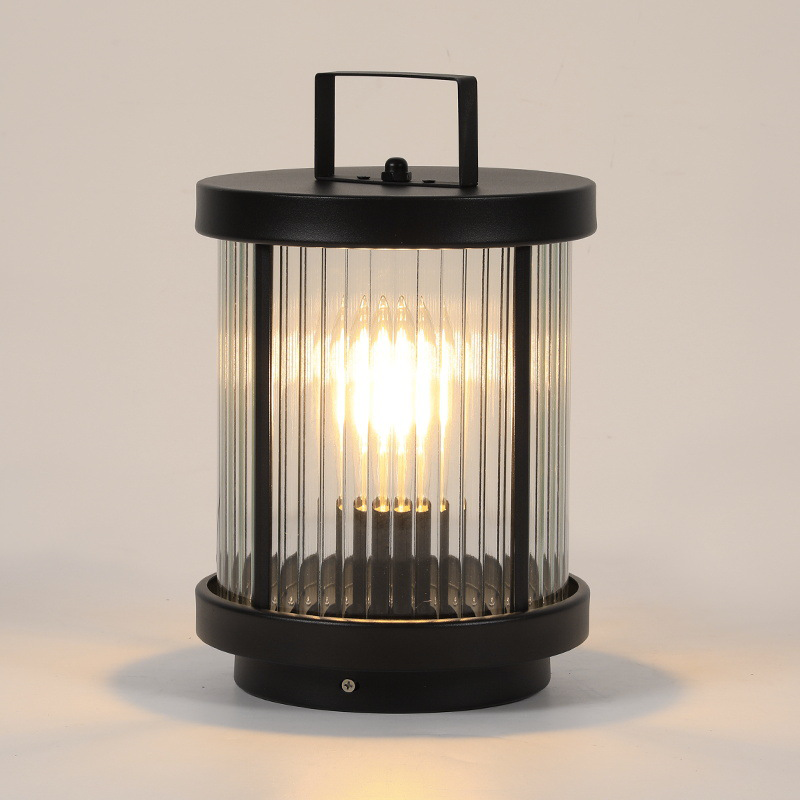 Striped Glass Cylindrical Waterproof Portable Solar Outdoor Lanterns - Lamp Outdoor