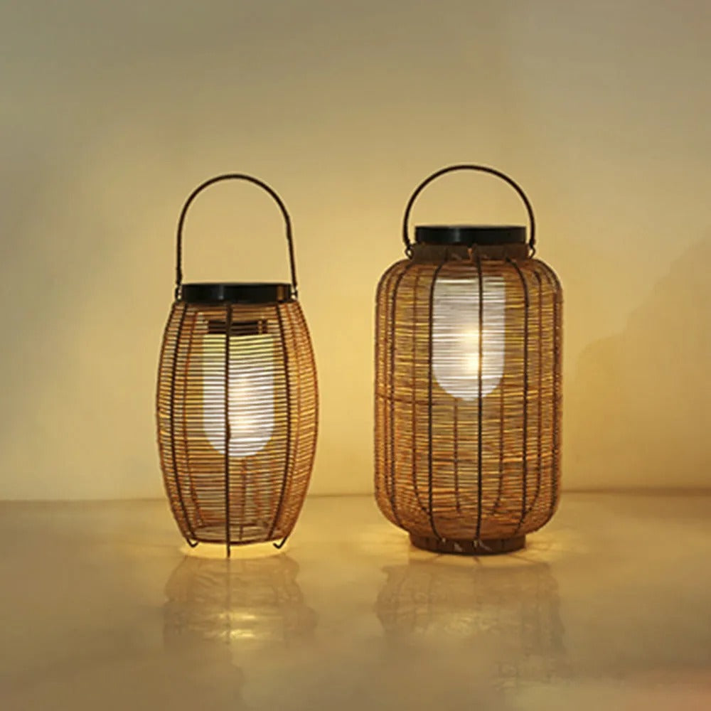 Ritta Retro Lantern Metal/Rattan Floor Lamp, Wood Color - Lamp Outdoor