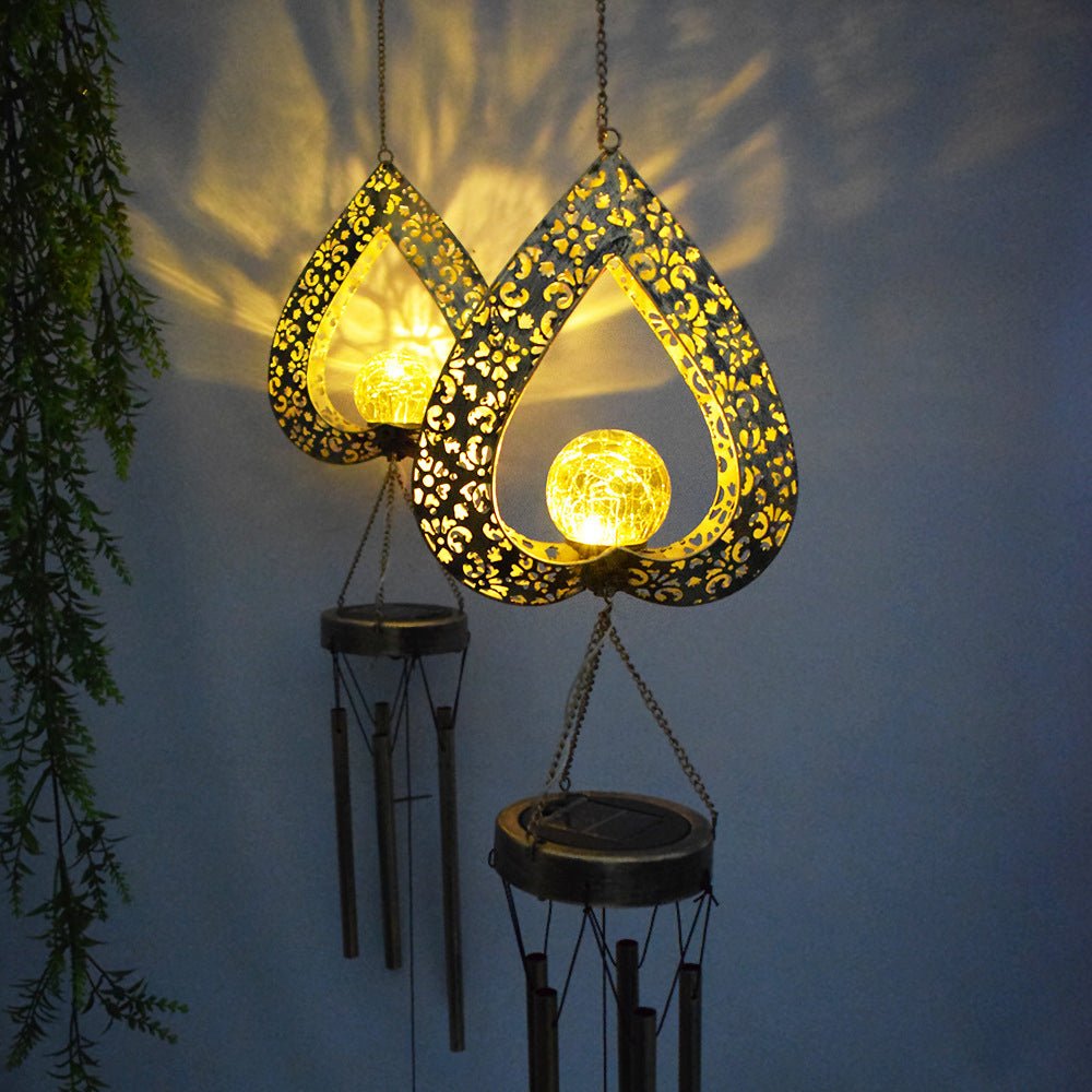 Iron Heart with Wind Chimes Pendant LED Waterproof Hanging Solar Lights - Lamp Outdoor