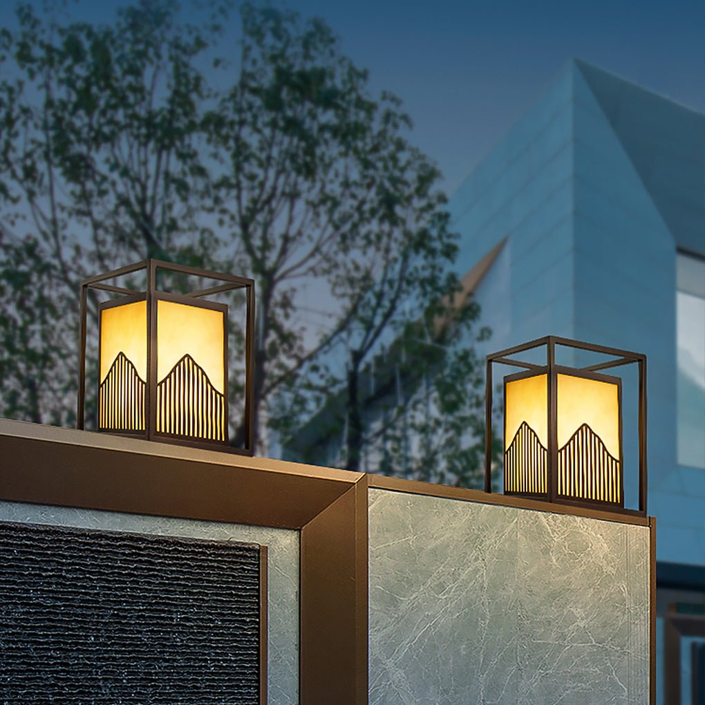 Elegant Square Outdoor Garden Light with Mountain Scene Shade - Lamp Outdoor