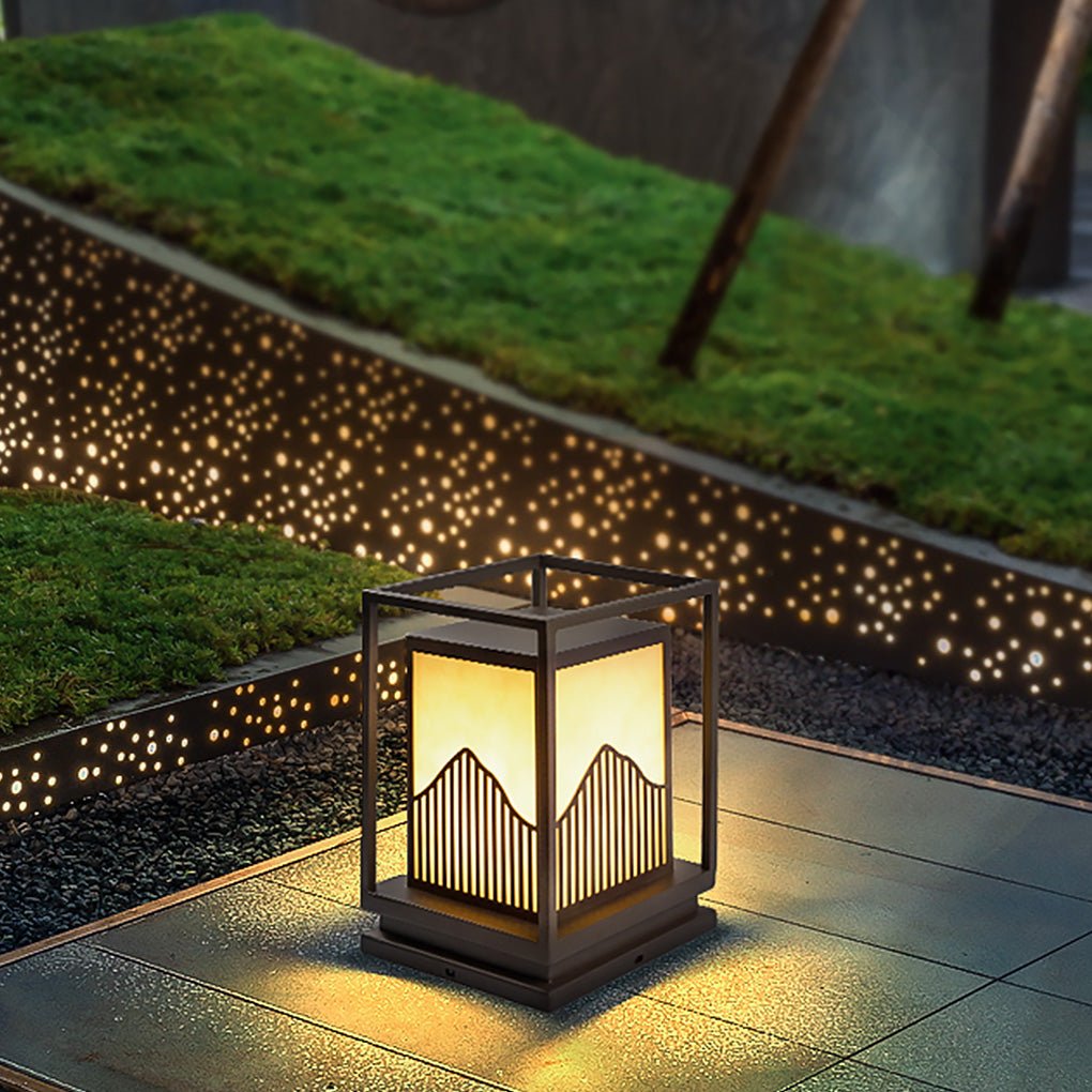 Elegant Square Outdoor Garden Light with Mountain Scene Shade - Lamp Outdoor