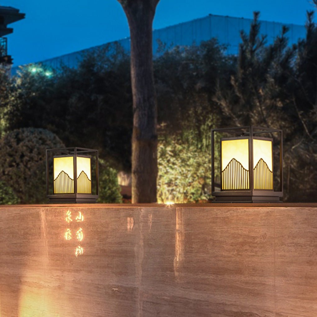 Elegant Square Outdoor Garden Light with Mountain Scene Shade - Lamp Outdoor