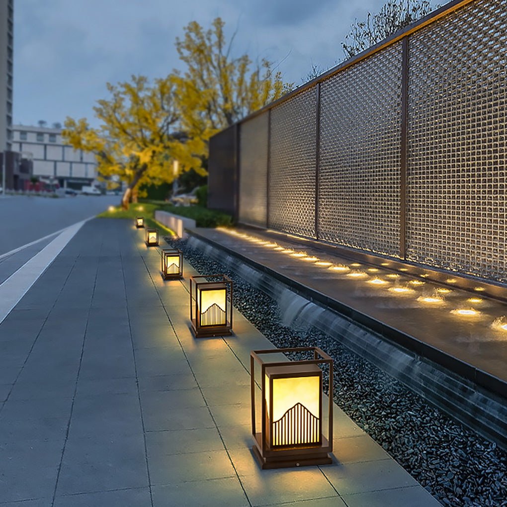 Elegant Square Outdoor Garden Light with Mountain Scene Shade - Lamp Outdoor