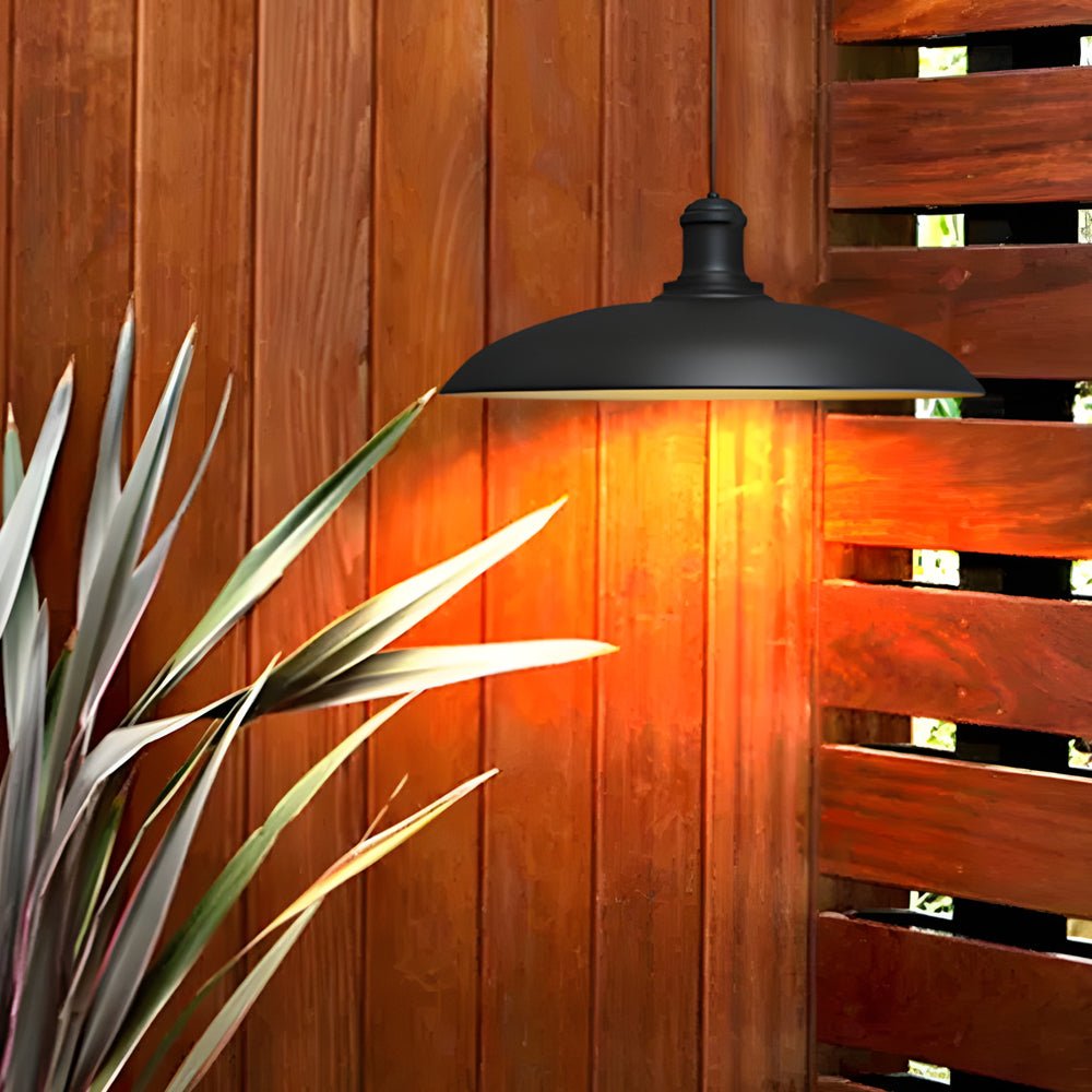Round Black Hanging Outdoor Pendant Light - Metal Saucer-Shaped - Lamp Outdoor