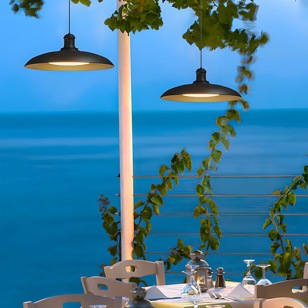 Round Black Hanging Outdoor Pendant Light - Metal Saucer-Shaped - Lamp Outdoor