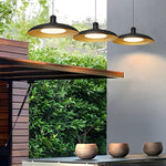 Round Black Hanging Outdoor Pendant Light - Metal Saucer-Shaped - Lamp Outdoor