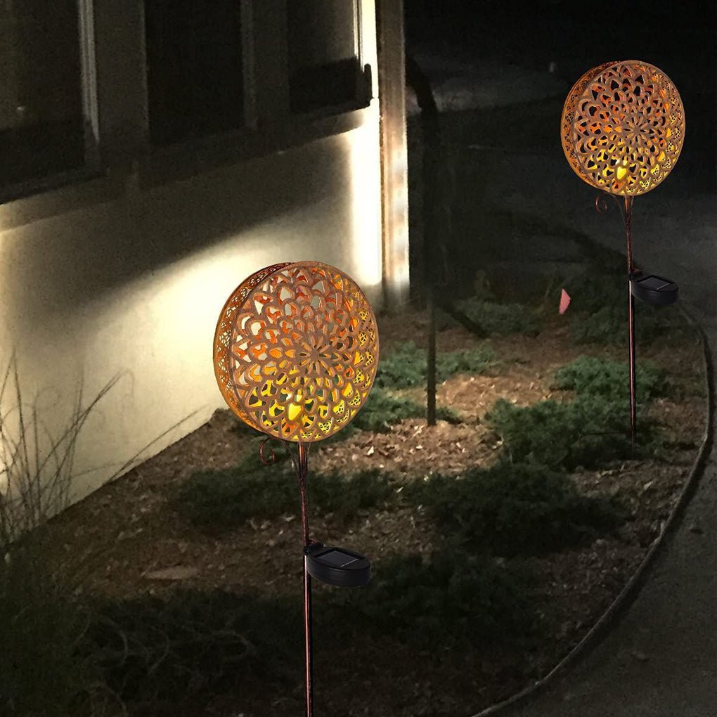 Round Iron Hollow Solar Lights with Flower Projection - Lamp Outdoor
