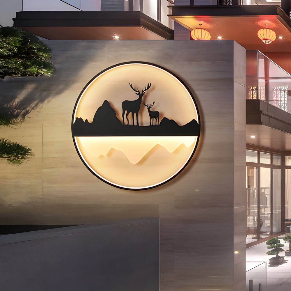 Round Mountain Scenery Silhouette Dimmable with Remote Outdoor Wall Lights - Lamp Outdoor