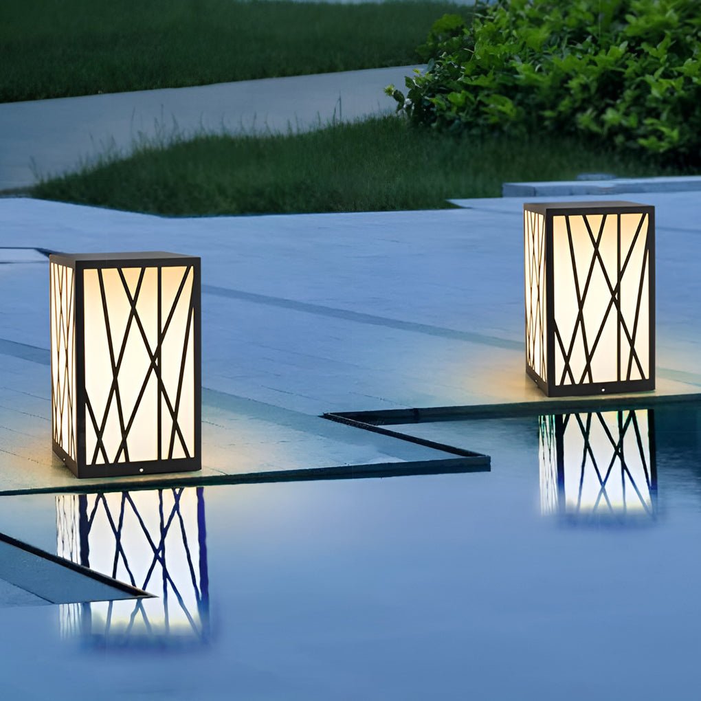 20W Square Solar LED Bollard Lights with Linear Pattern Lampshade - Lamp Outdoor