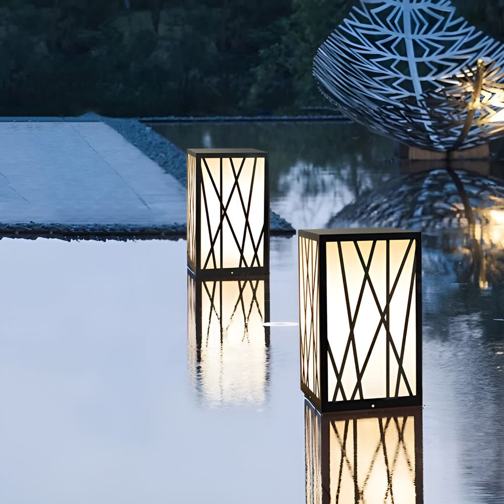 20W Square Solar LED Bollard Lights with Linear Pattern Lampshade - Lamp Outdoor