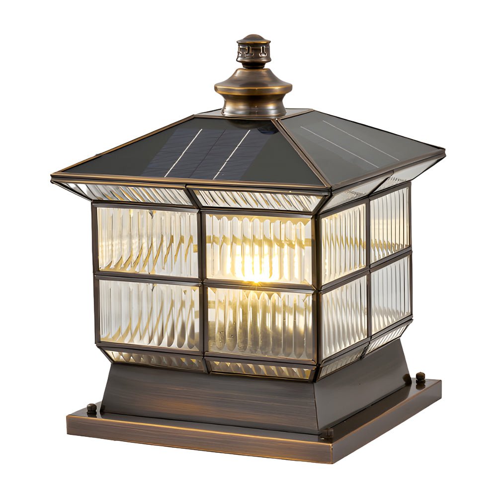 Square Bronze Hardwired/Solar Pillar Lamp Fence Post Light with 3 Step Dimming - Lamp Outdoor
