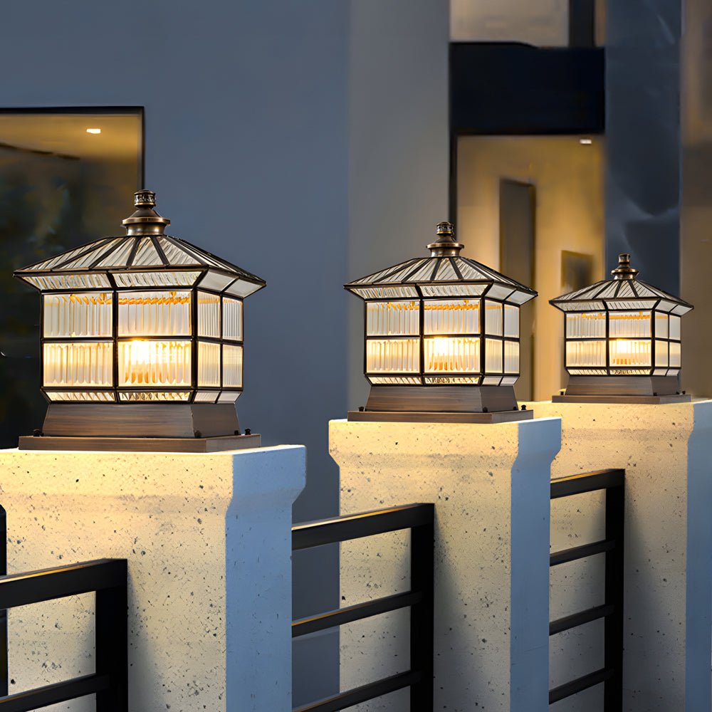 Square Bronze Hardwired/Solar Pillar Lamp Fence Post Light with 3 Step Dimming - Lamp Outdoor