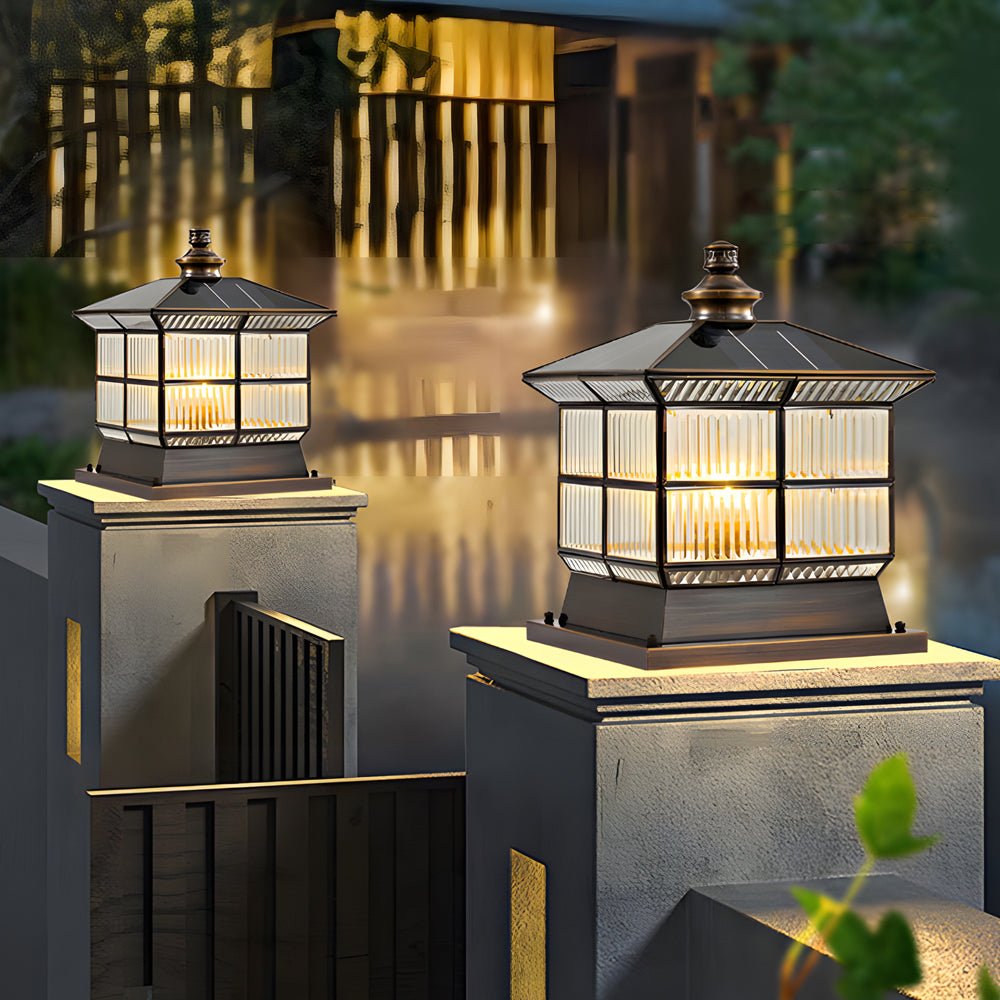 Square Bronze Hardwired/Solar Pillar Lamp Fence Post Light with 3 Step Dimming - Lamp Outdoor
