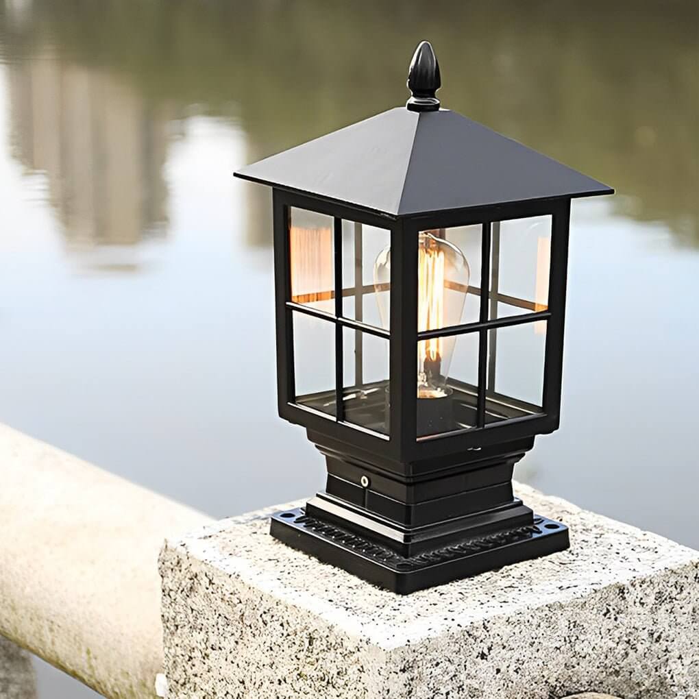 Traditional Square Waterproof LED Black Classic Solar Pillar Lights - Lamp Outdoor