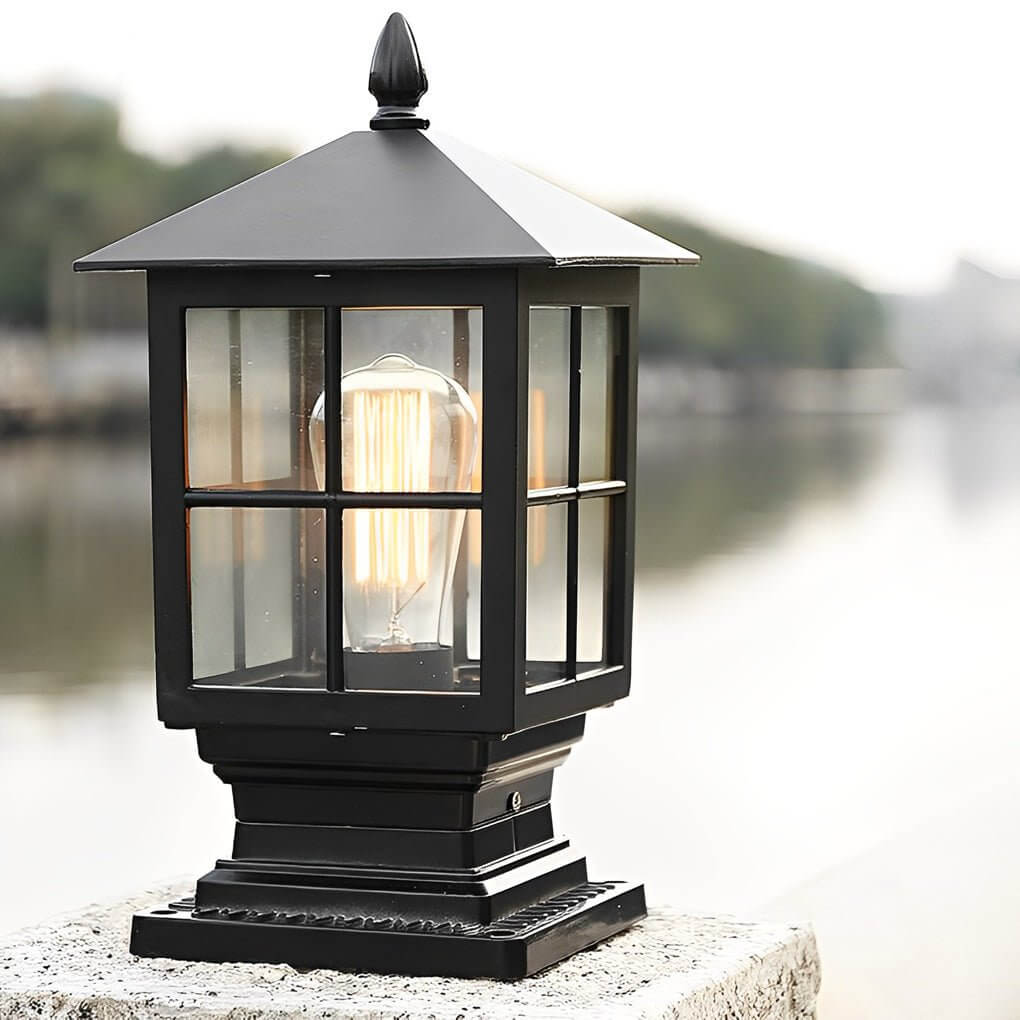 Traditional Square Waterproof LED Black Classic Solar Pillar Lights - Lamp Outdoor