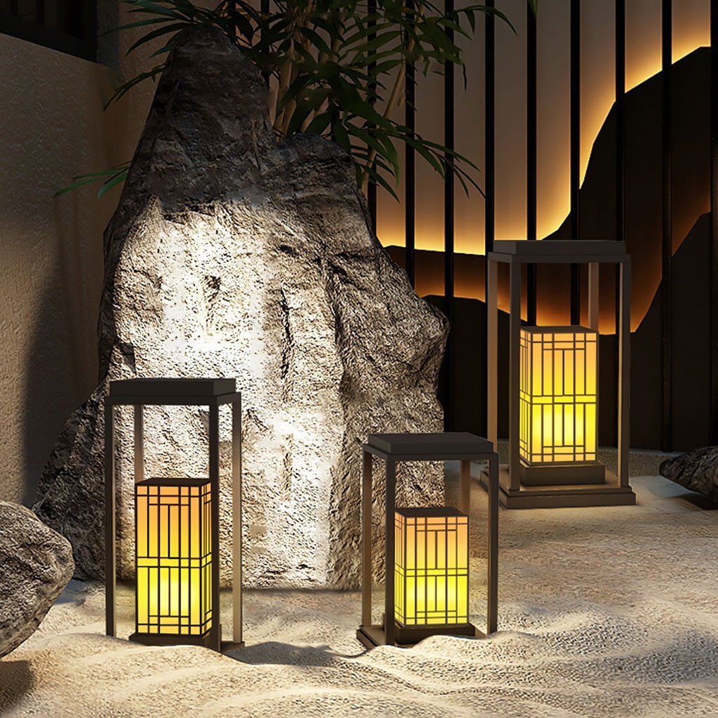 Traditional Asian Outdoor Light with Rectangular Frame and Patterned Lampshade - Lamp Outdoor