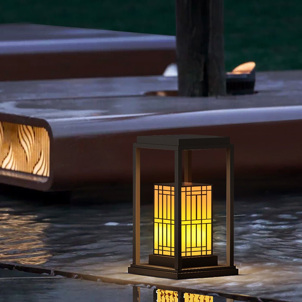Traditional Asian Outdoor Light with Rectangular Frame and Patterned Lampshade - Lamp Outdoor