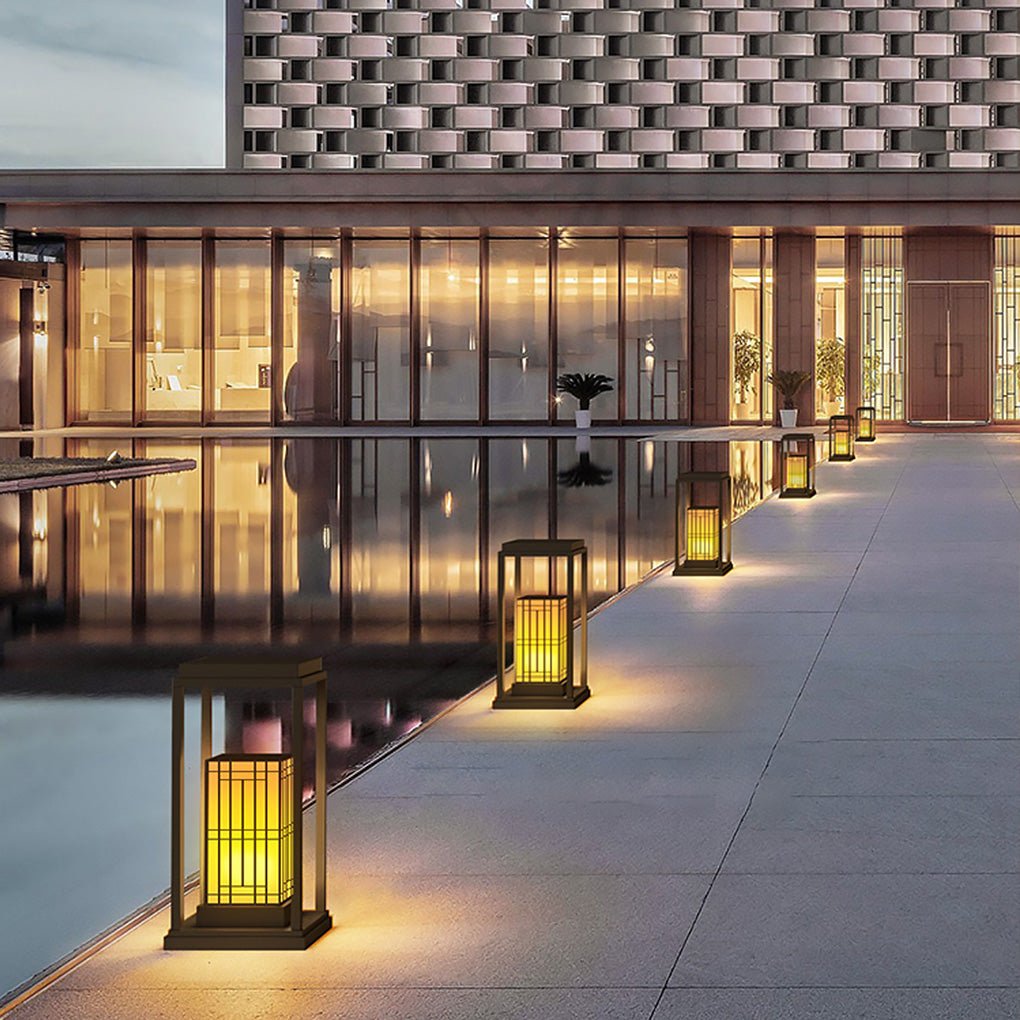 Traditional Asian Outdoor Light with Rectangular Frame and Patterned Lampshade - Lamp Outdoor